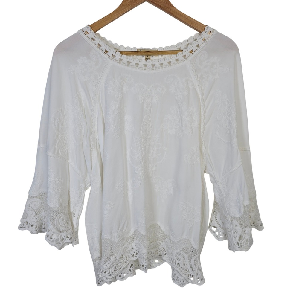 Democracy White Embroidered Crochet Lace Bell Sleeve Boho Blouse Top Large